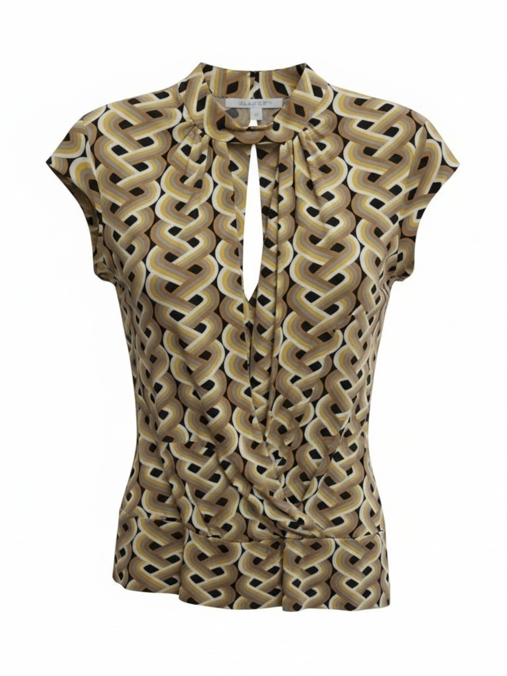 Trina Turk Beige, Black & Cream Geometric Tie-Neck Cap Sleeve Top